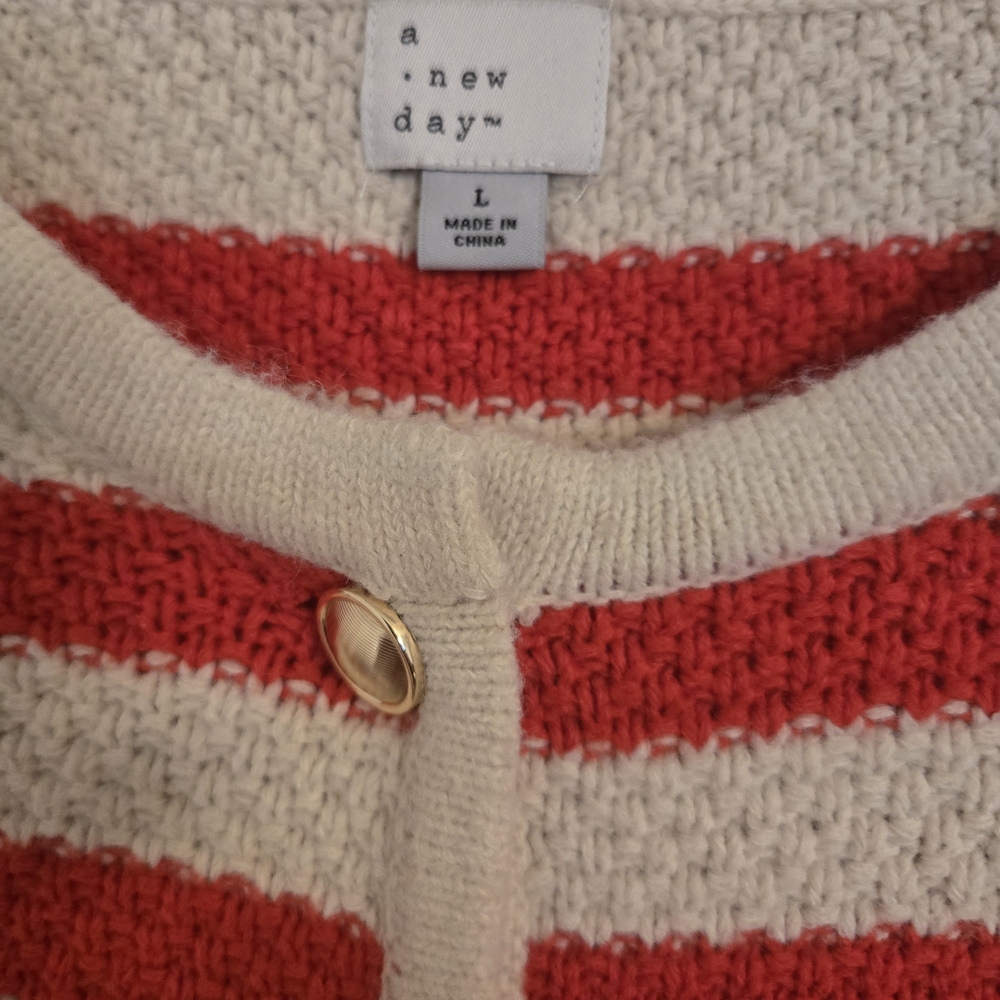 A New Day Red Cream Striped Lady Jacket Coastal Mariner Knit Cardigan. - Picture 5 of 5
